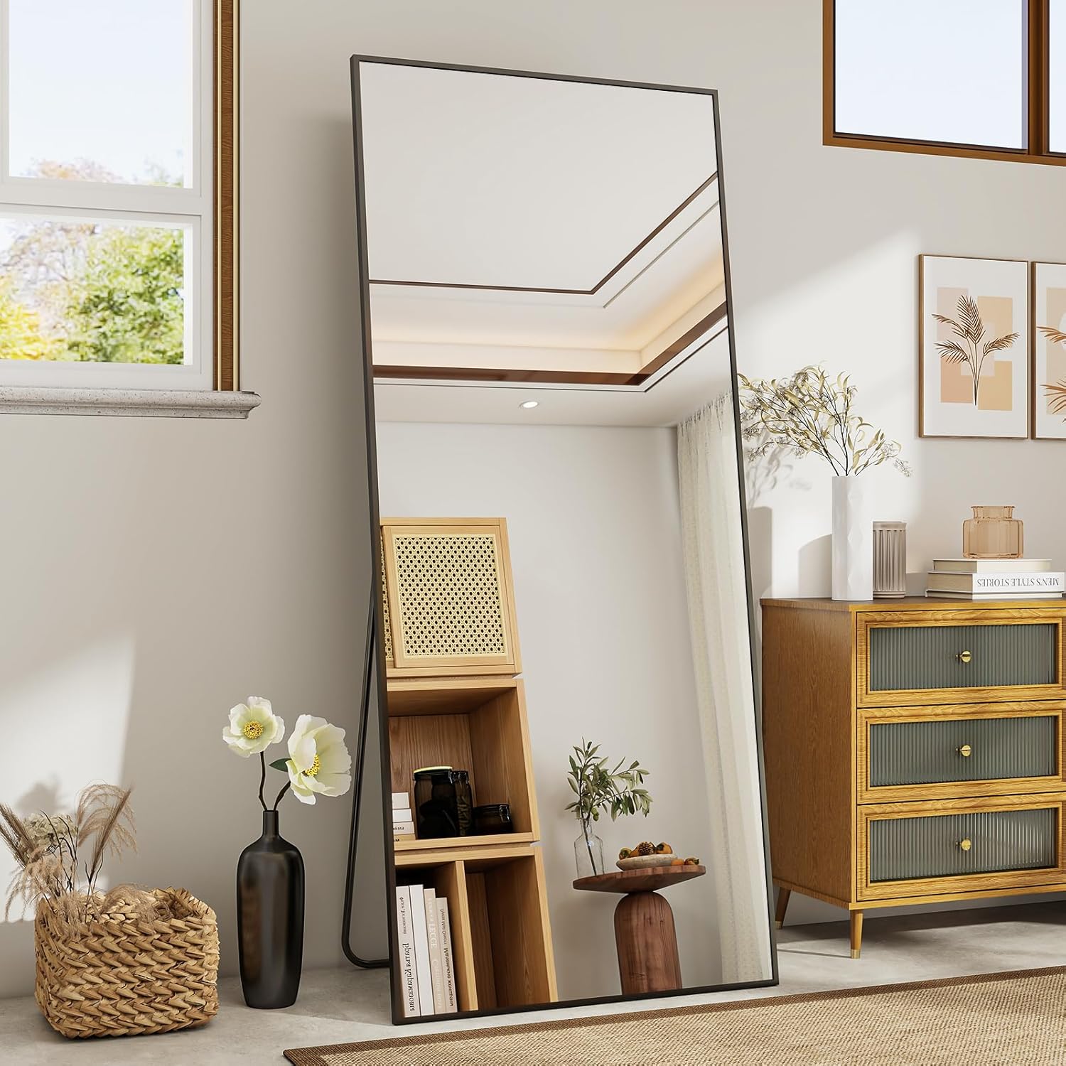 Koonmi 171 x 76 cm Standspiegel, robust Ganzkörperspiegel mit minimalistische schmaler Aluminiumrahmen, modern großer Wandspiegel stehend oder hängend für Wohnzimmer und Schlafzimmer, Schwarz