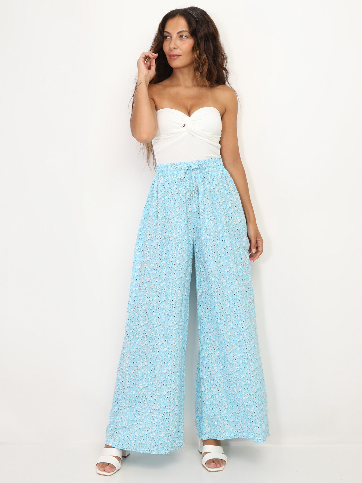 Pantalon plissé à motif floral- Bleu clair