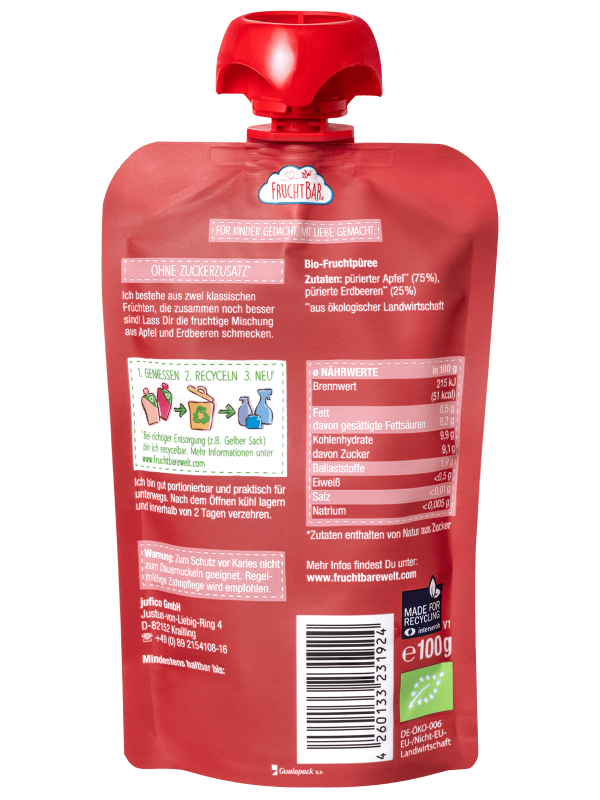FRUCHTBAR Fruchtpüree<br>100 g, Beutel, Bio Erdbeere Apfel