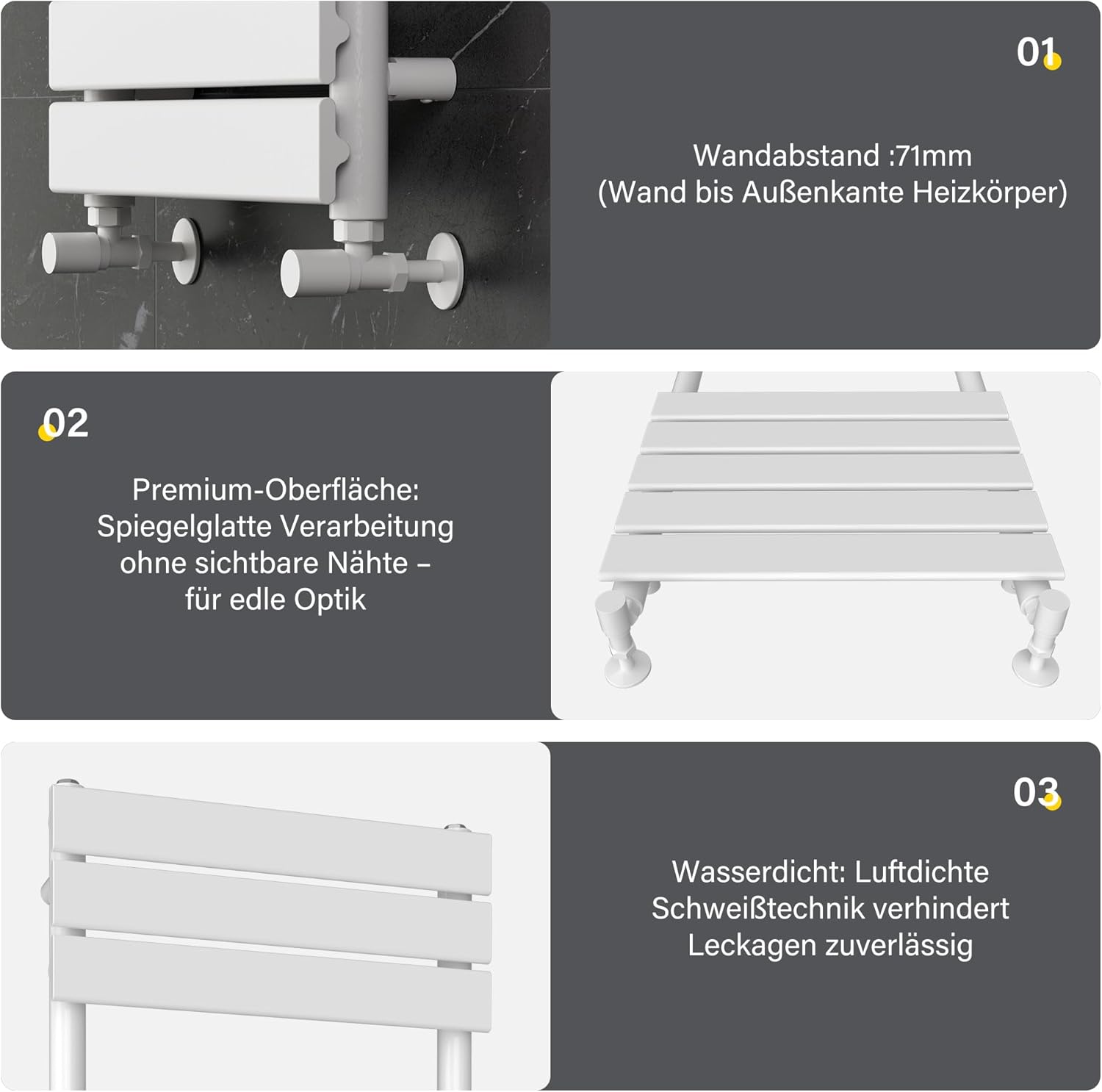 Badheizkörper Seitenanschluss 1200x500mm - Einfache Installation Handtuchhalter Heizkörper 600W, Handtuchwärmer Heizkörper für Badezimmer Innenausbau, Weiß