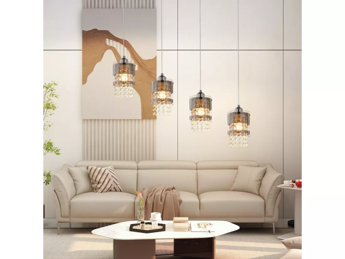 NETTLIFE Suspension Table à manger Moderne Verre Suspension 4 Flammes Suspendue 150CM Réglable en hauteur Cristal E27