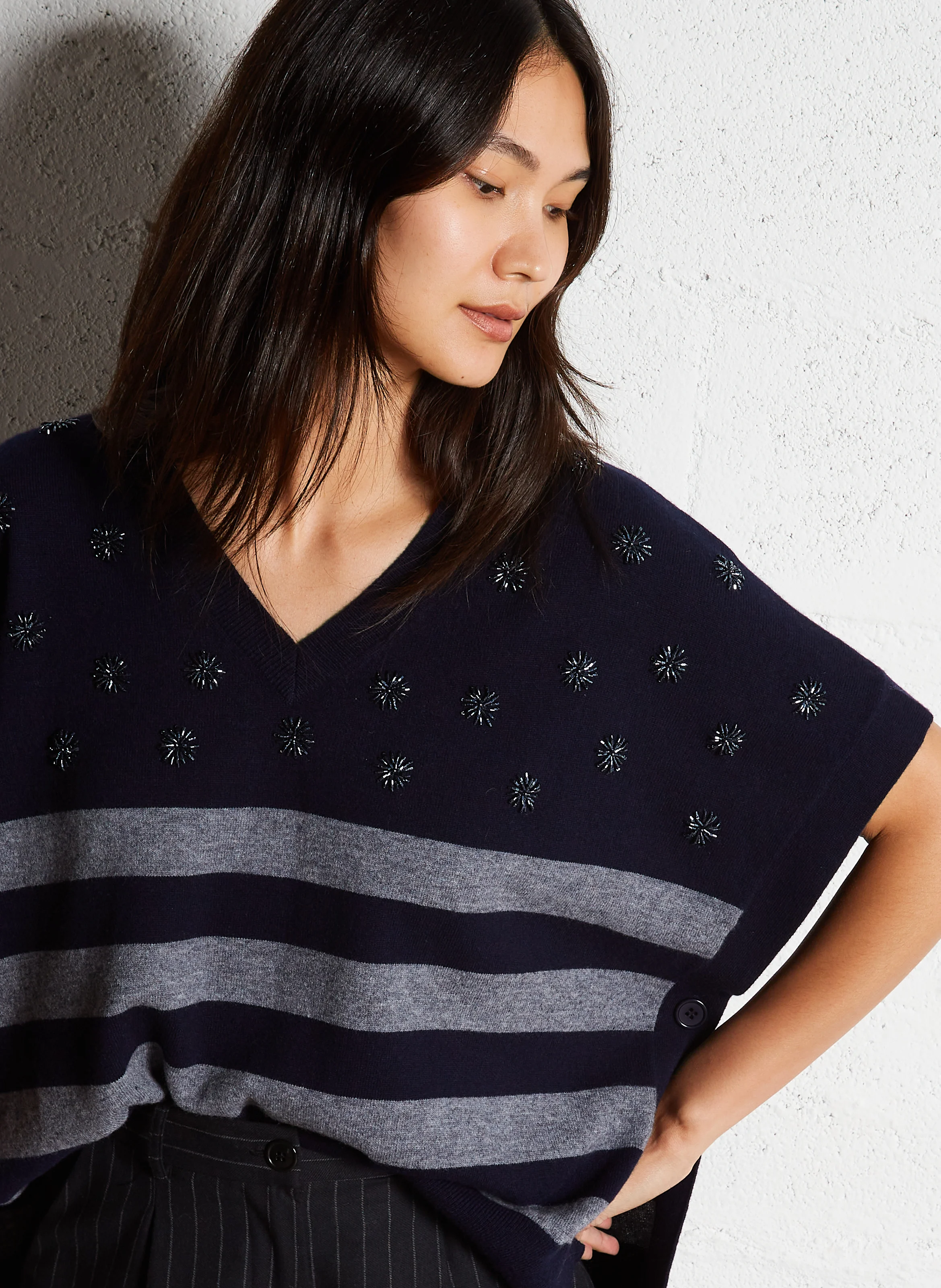 LILOU - Pull oversize col V en laine | Bleu