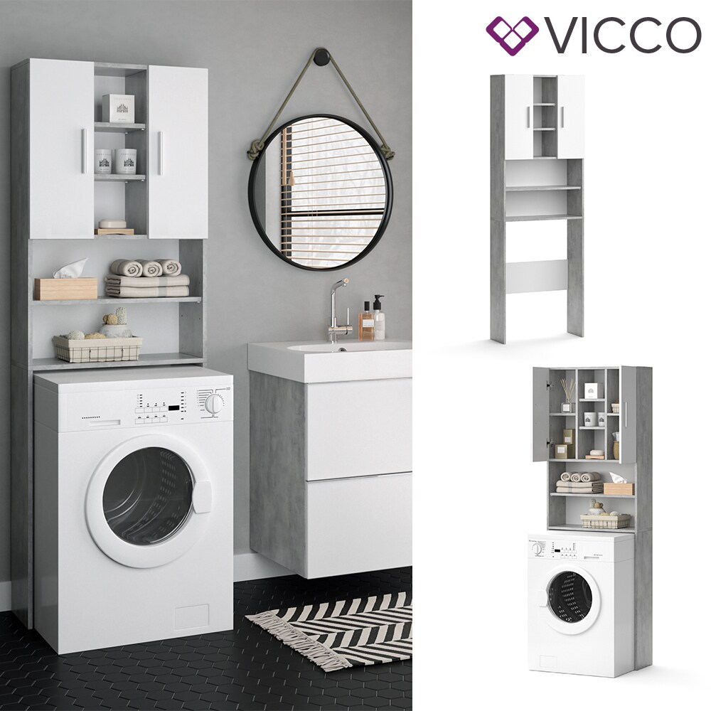 VICCO Waschmaschinenschrank LUIS 190x64cm Weiß Beton Badschrank Hochschrank