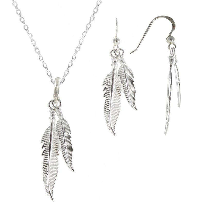 Parure Plumes Argent Collier et Boucles d'Oreilles