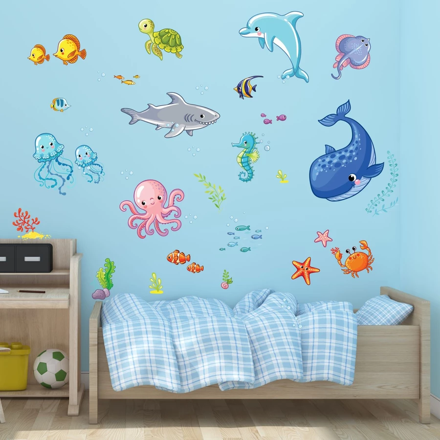 Nikima Wandtattoo 078 Wandtattoo Wasserwelten Kinderzimmer Wal Delfin Fische Hai Sticker bunt
