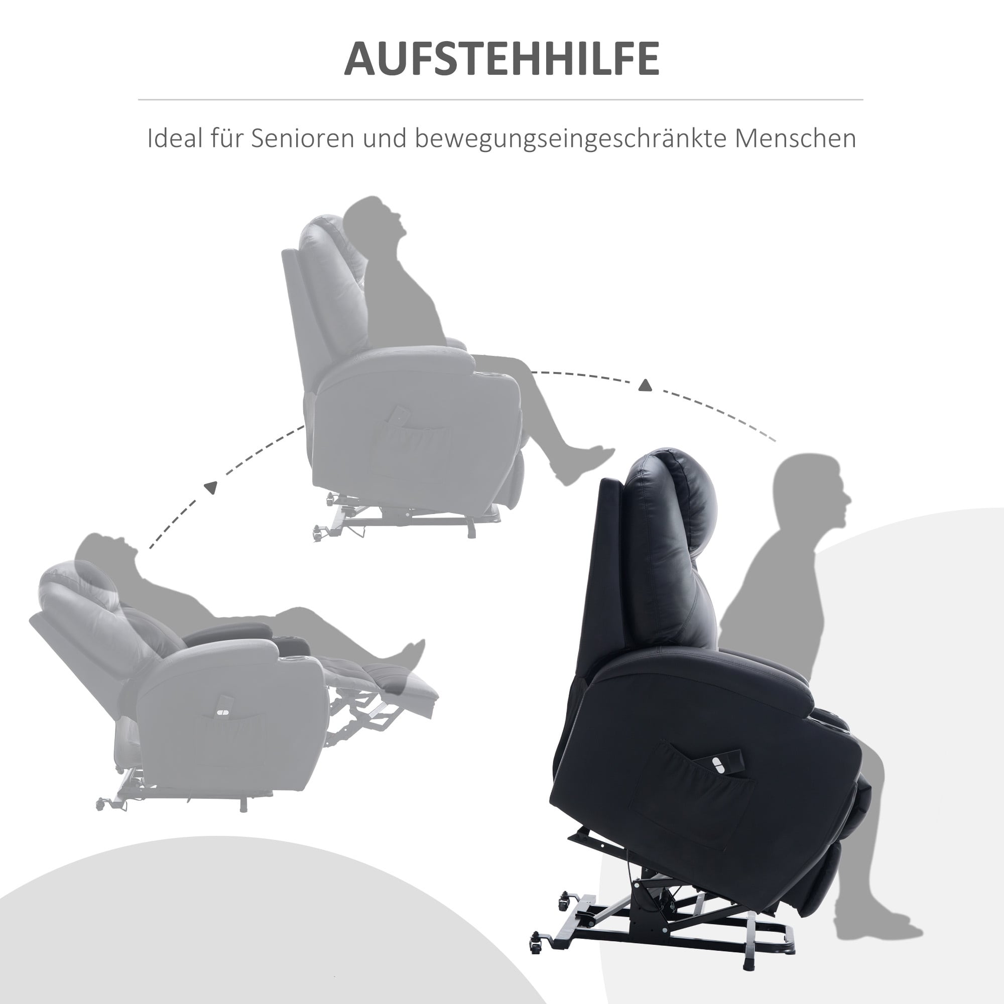 HOMCOM Fernsehsessel 2-in-1-Design, Becherhalter auf beiden Seiten, Sessellift Schwarz 84 x 92 x 109 cm (BxTxH)
