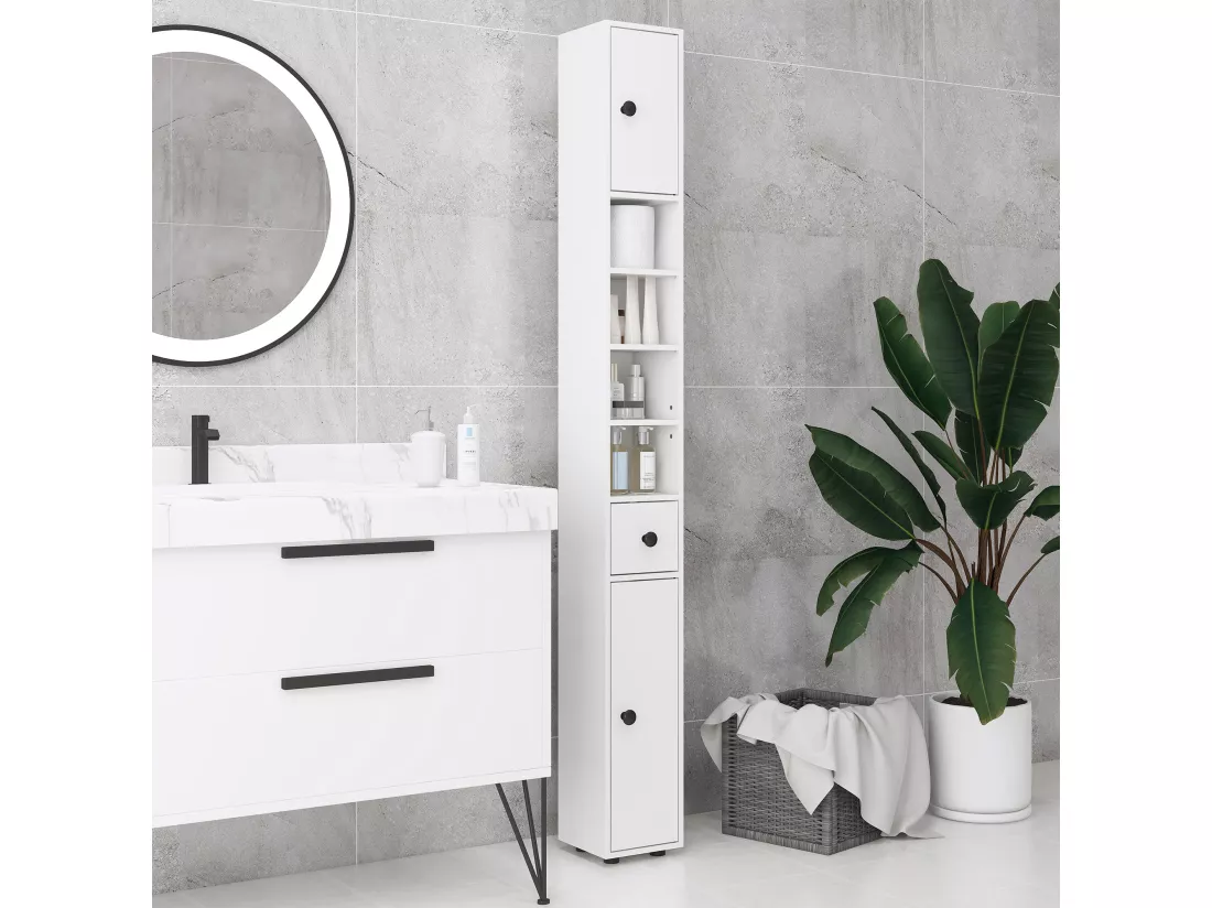 Meuble colonne salle de bain 2 portes 2 étagères 4 niches tiroir poignées métal noir panneaux blanc
