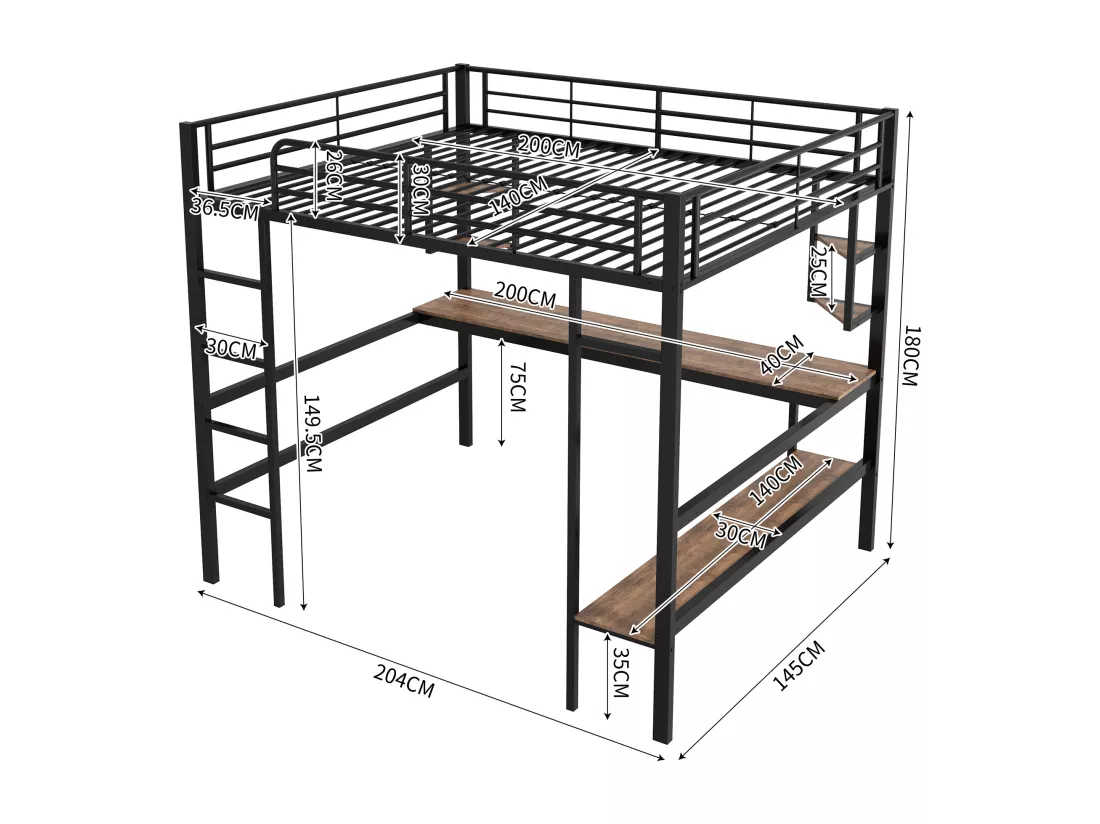 Lit mezzanine en fer - 140x200cm - avec bureau et 5 étagères - Noir