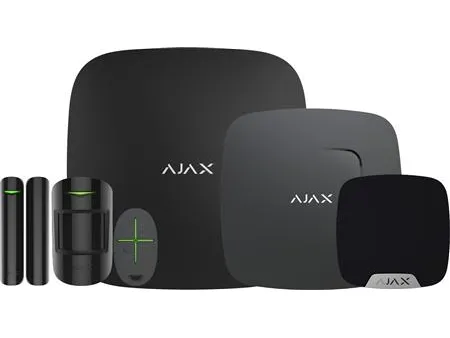 Csslr Plus Ajax alarm-kit. Indhold: Security Hub, PIR-detektor, åbningskontakt, røgalarm, sirene & fjernbetjening. Sort