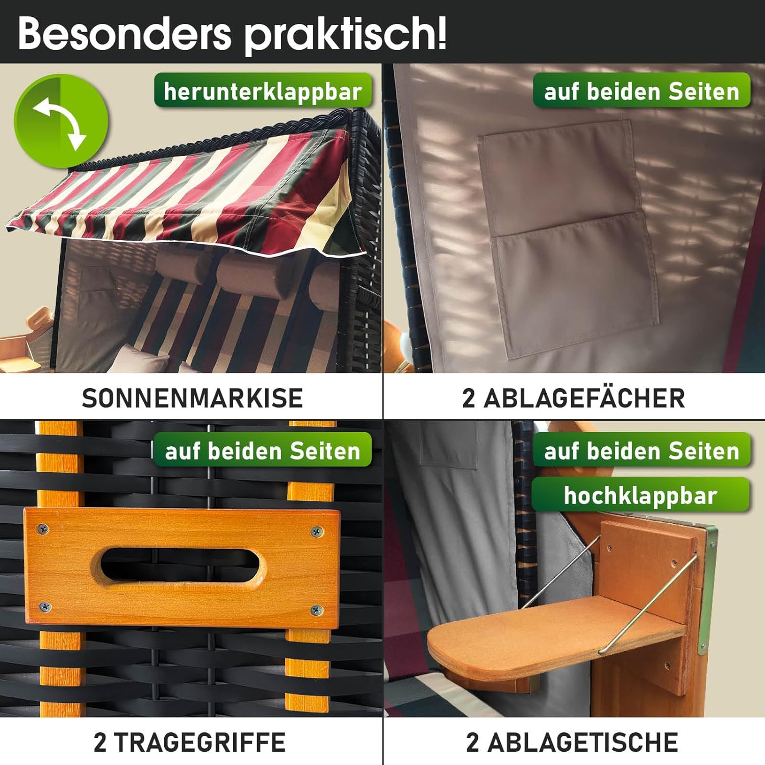 BRAST® Strandkorb Usedom 3-Sitzer XXL für 2-3 Personen | 165cm breit | 5 Designs | inkl. wetterfeste Abdeckhaube | verstellbare Rückenlehne Fußkissen | Rot/Grün/Beige - kariert