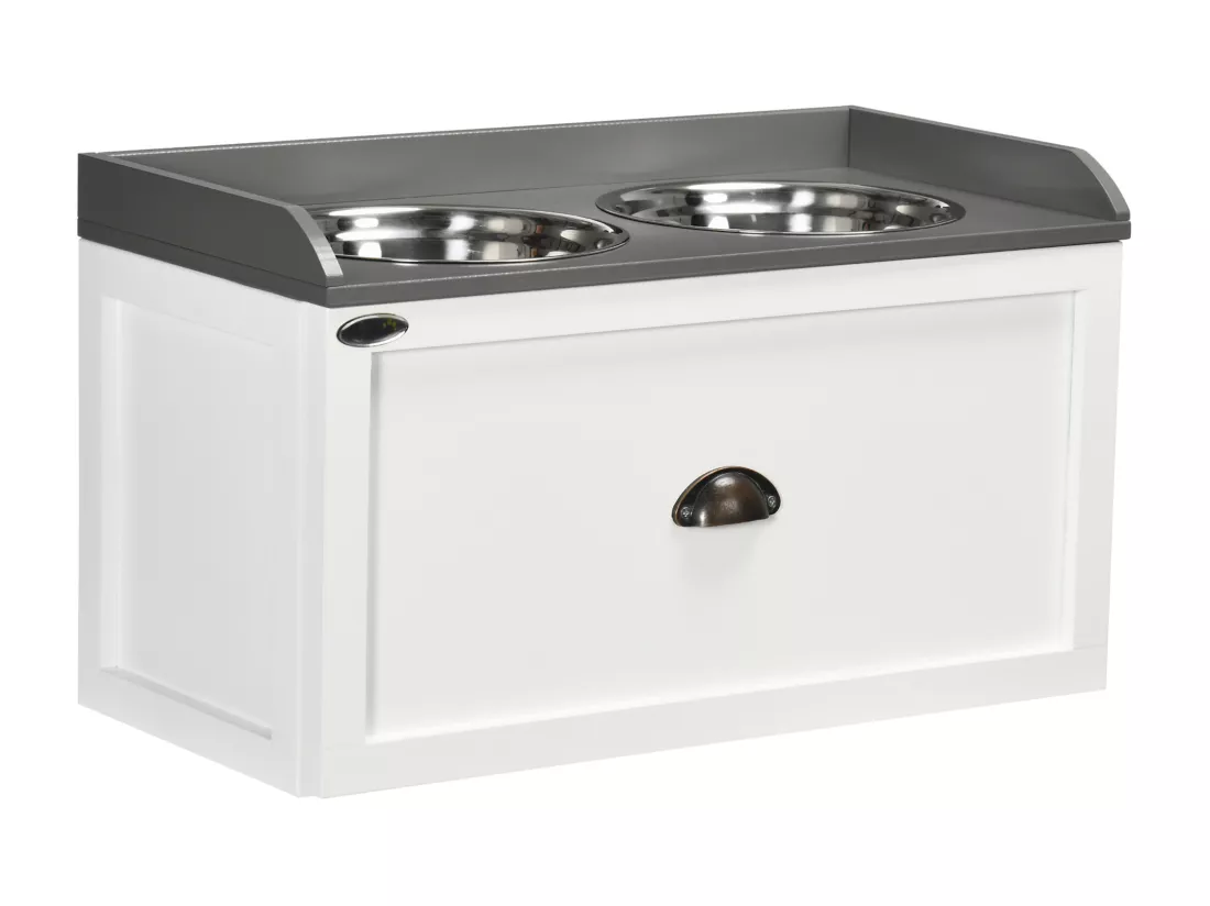 Gamelle double chien chat - porte-gamelles surélevé rangement 2 en 1 - tiroir, 2 gamelles - acier inox. MDF blanc gris