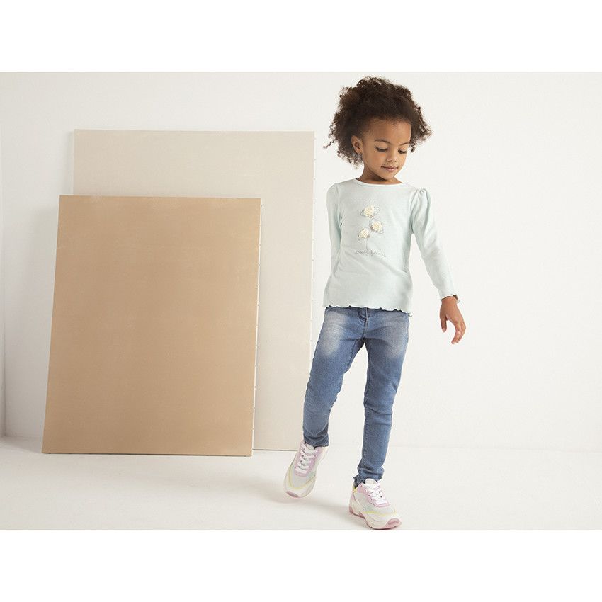 T-shirt manches longues côtelé à print ludique pour enfant fille - Bleu