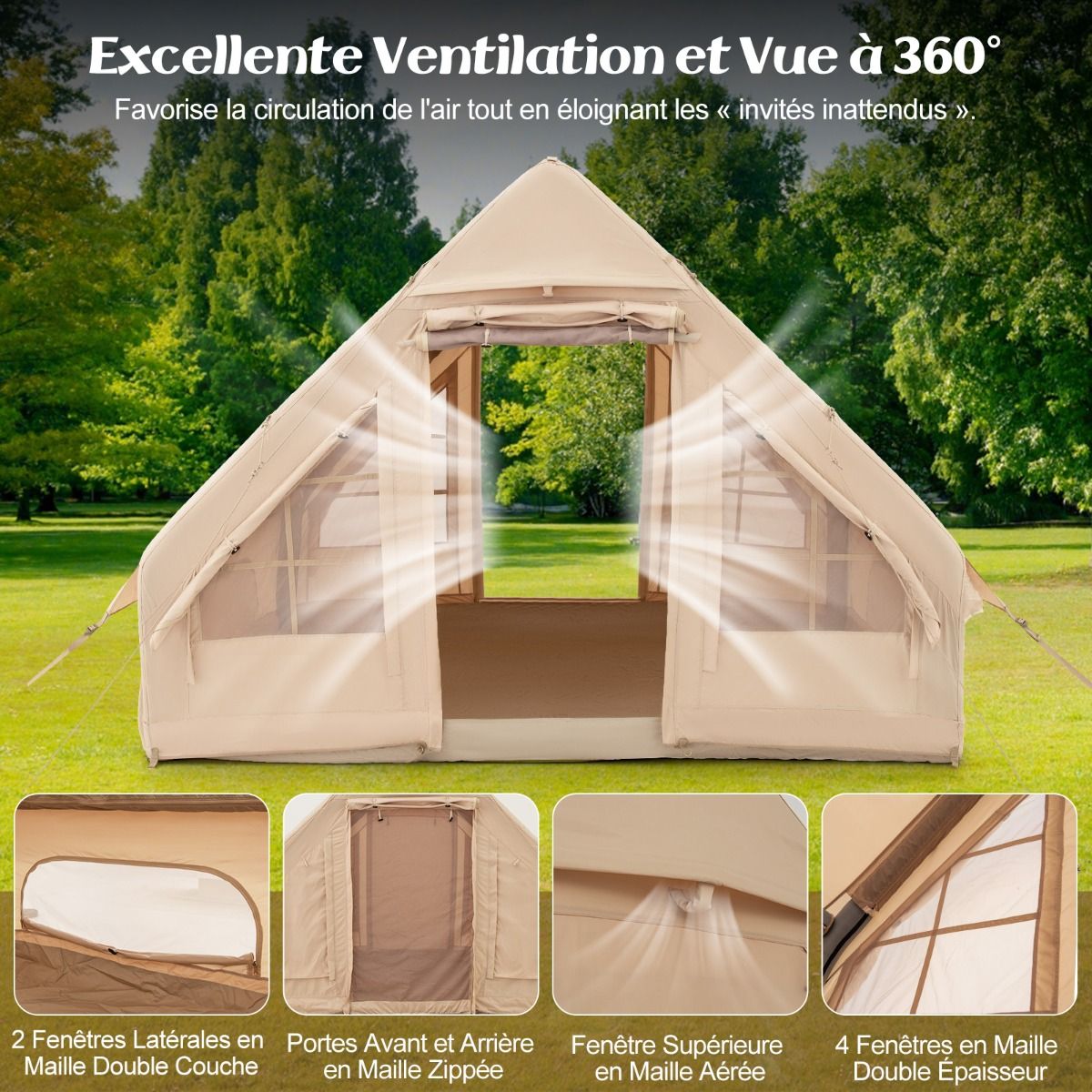 Tente de Camping Gonflable 6 m² pour 4-6 Personnes Tente en Coton Coupe-vent et Imperméable avec Pompe 7 Fenêtres à Moustiquaire Beige - Lidl-Manfred