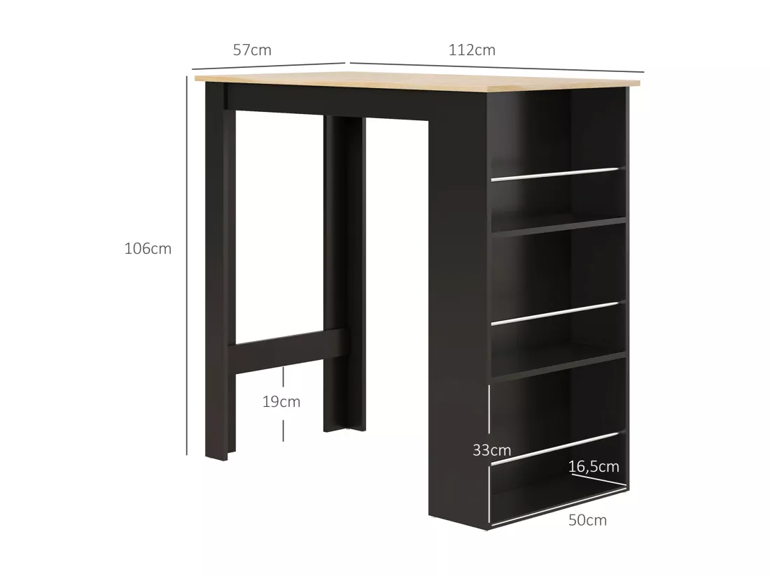 Table de bar table haute de cuisine mange-debout comptoir - 3 étagères - aspect bois clair noir