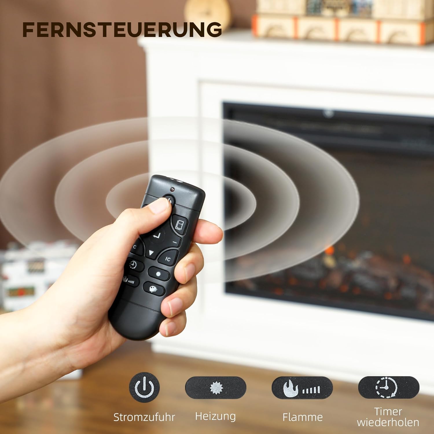 HOMCOM Elektrokamin mit Heizung, Elektrischer Kamin mit 12 Farbigen Flammeneffekten, 5 Helligkeitsstufen, 2000W Dekokamin mit 2 Leistungsstufen, Fernbedienung, Thermostat, Timer, Überhitzungsschutz