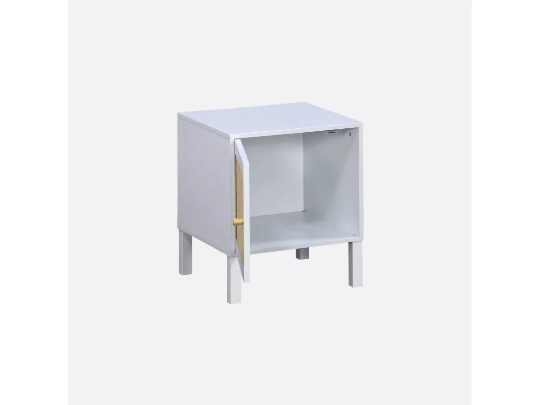 Table de chevet enfant effet bois blanc et cannage