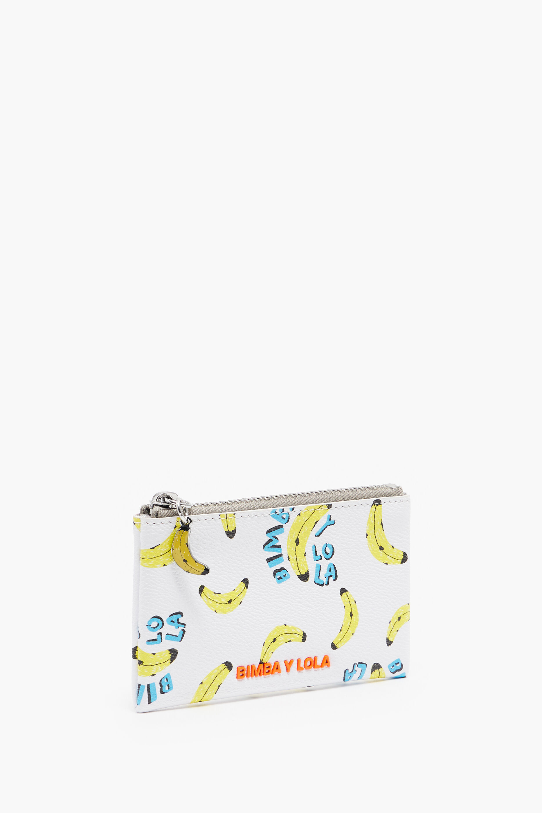 Porta-moedas retangular branco com textura de estampa de banana.