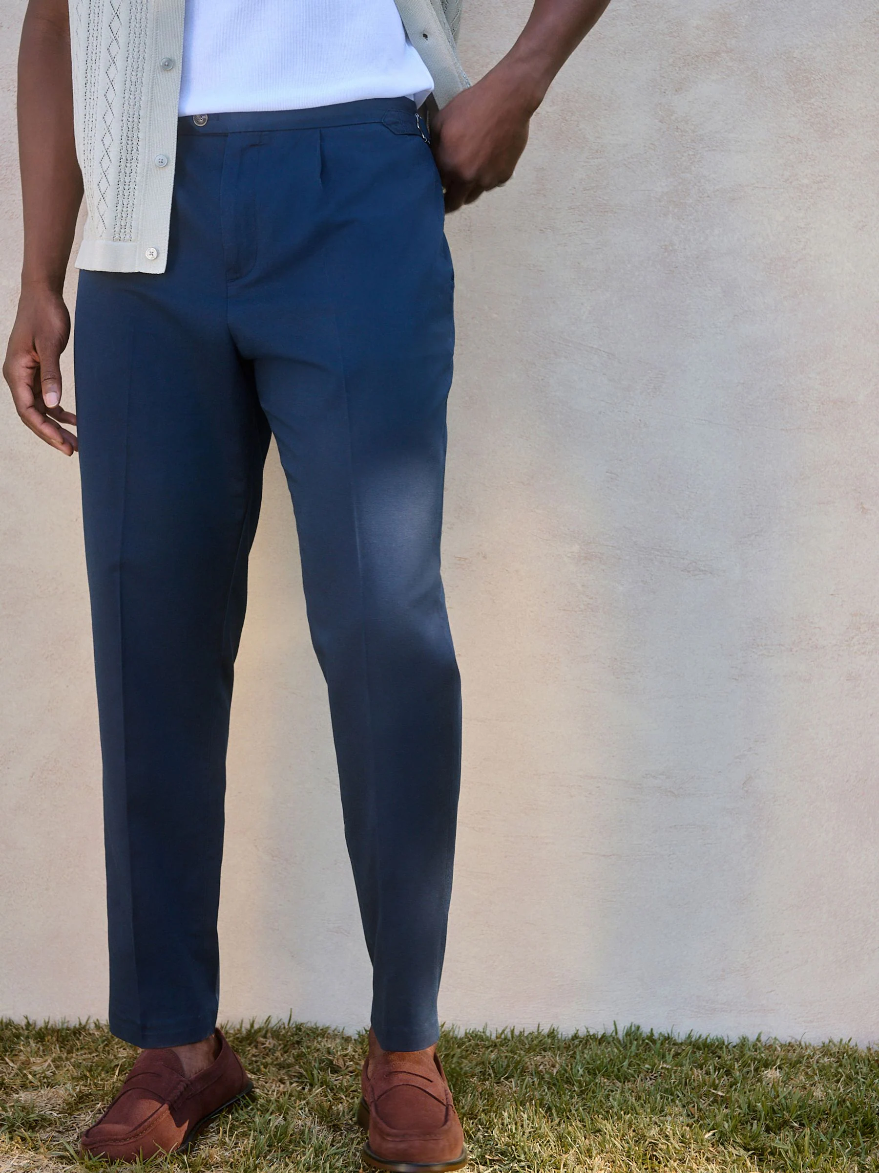 Donkerblauw - Slim-fit katoenen mix Broeken met verstelbare zijkanten, linnen en lyocell.