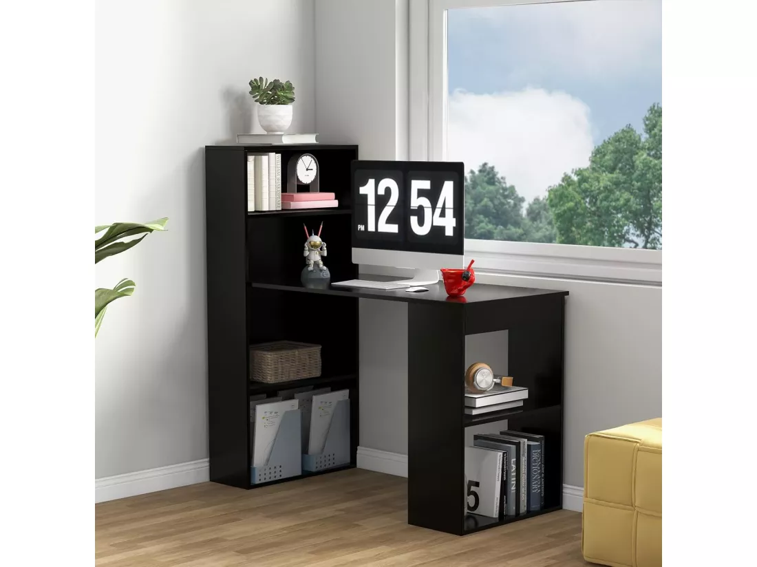 Bureau d'Ordinateur Réversible avec Bibliothèque, Poste de Travail Moderne avec Étagères de Rangement à 6 Niveaux, Assemblage Facile, pour Maison, Bureaux (Noir)