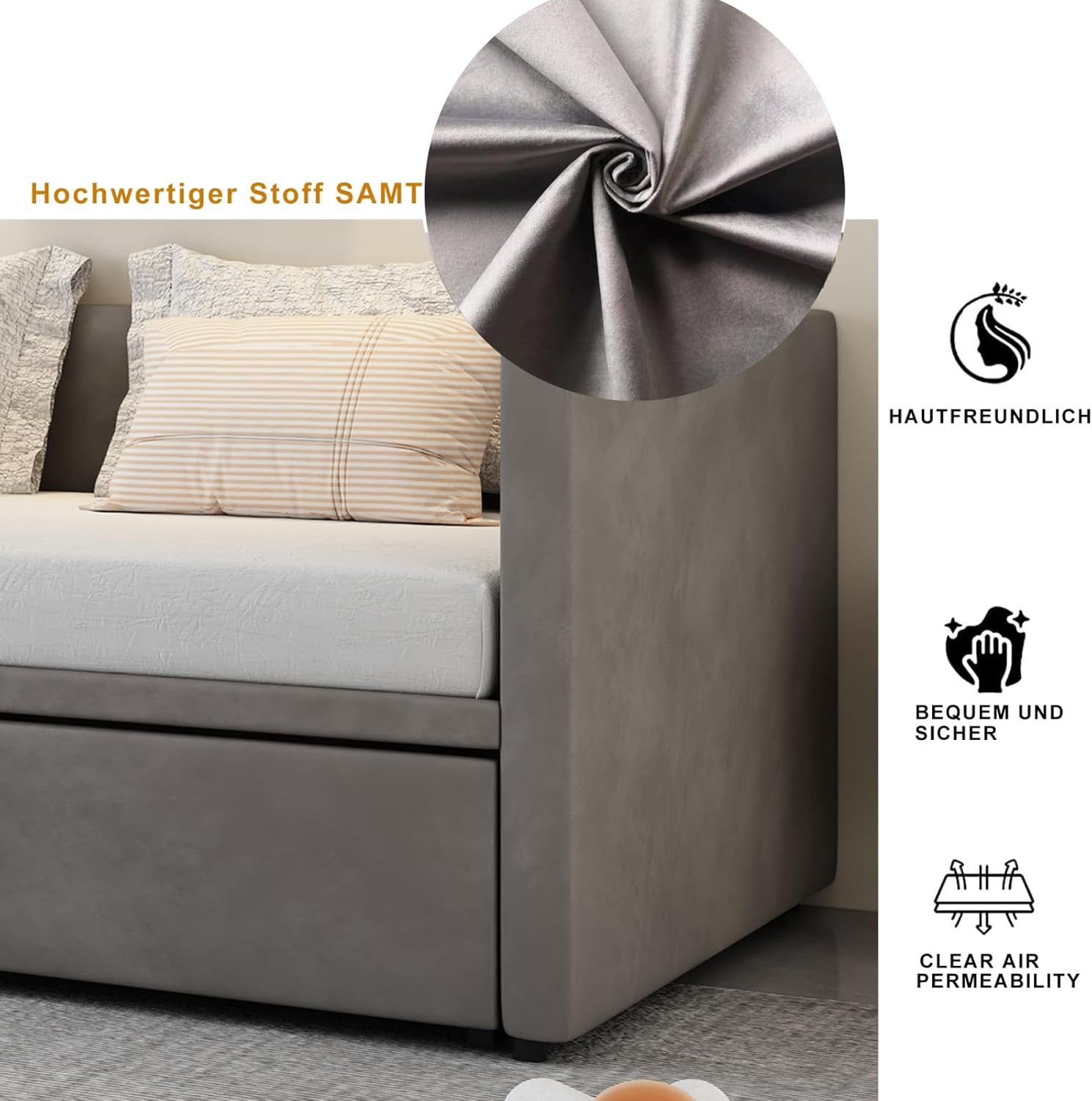 Schlafsofa Cabrio 90/180x200 cm, modernes 2-in-1-Schlafsofa mit ausziehbarem Doppelbett, platzsparendes Design mit weicher Samtpolsterung (Grau-A, 90/180 x 200 cm)