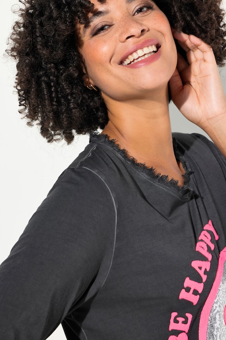 T-Shirt, A-Linie, Pailletten-Smiley, V-Ausschnitt, 3/4-Ärmel