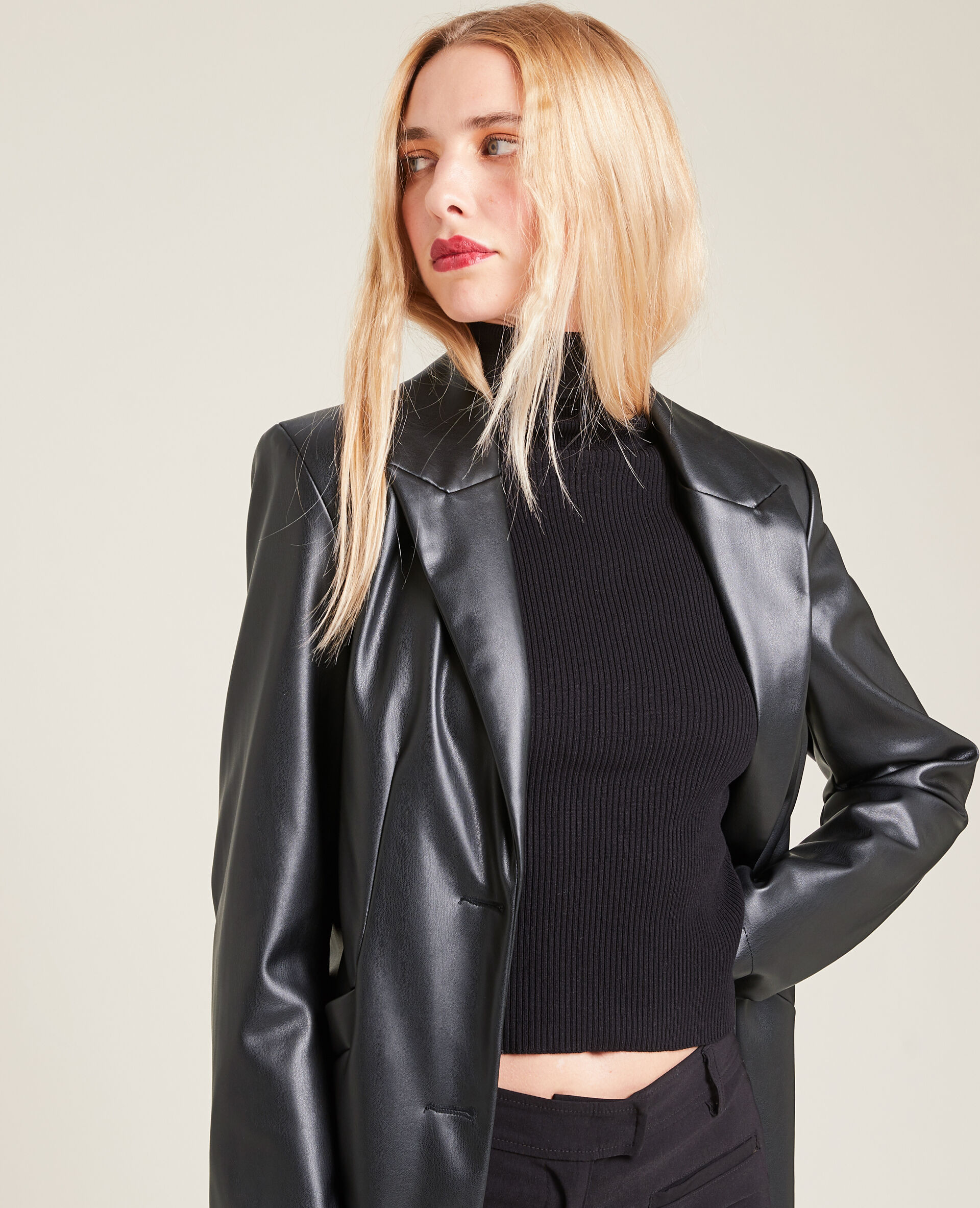 Manteau long simili cuir - Noir