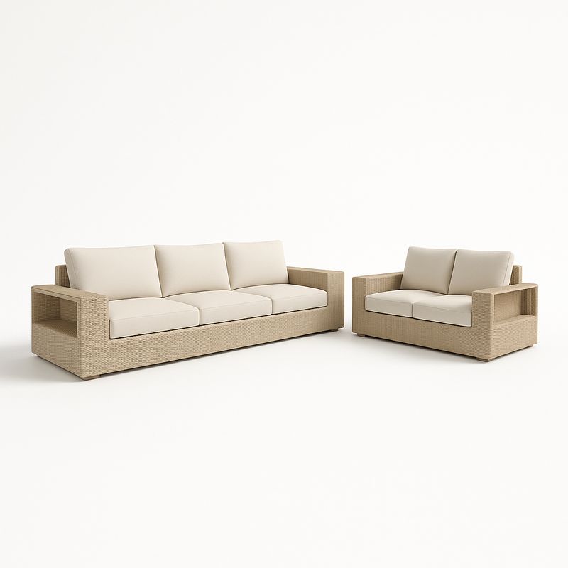 Polyrattan Gartenmöbel Set Beige mit Polyesterkissen, Dreisitzer und Zweisitzer