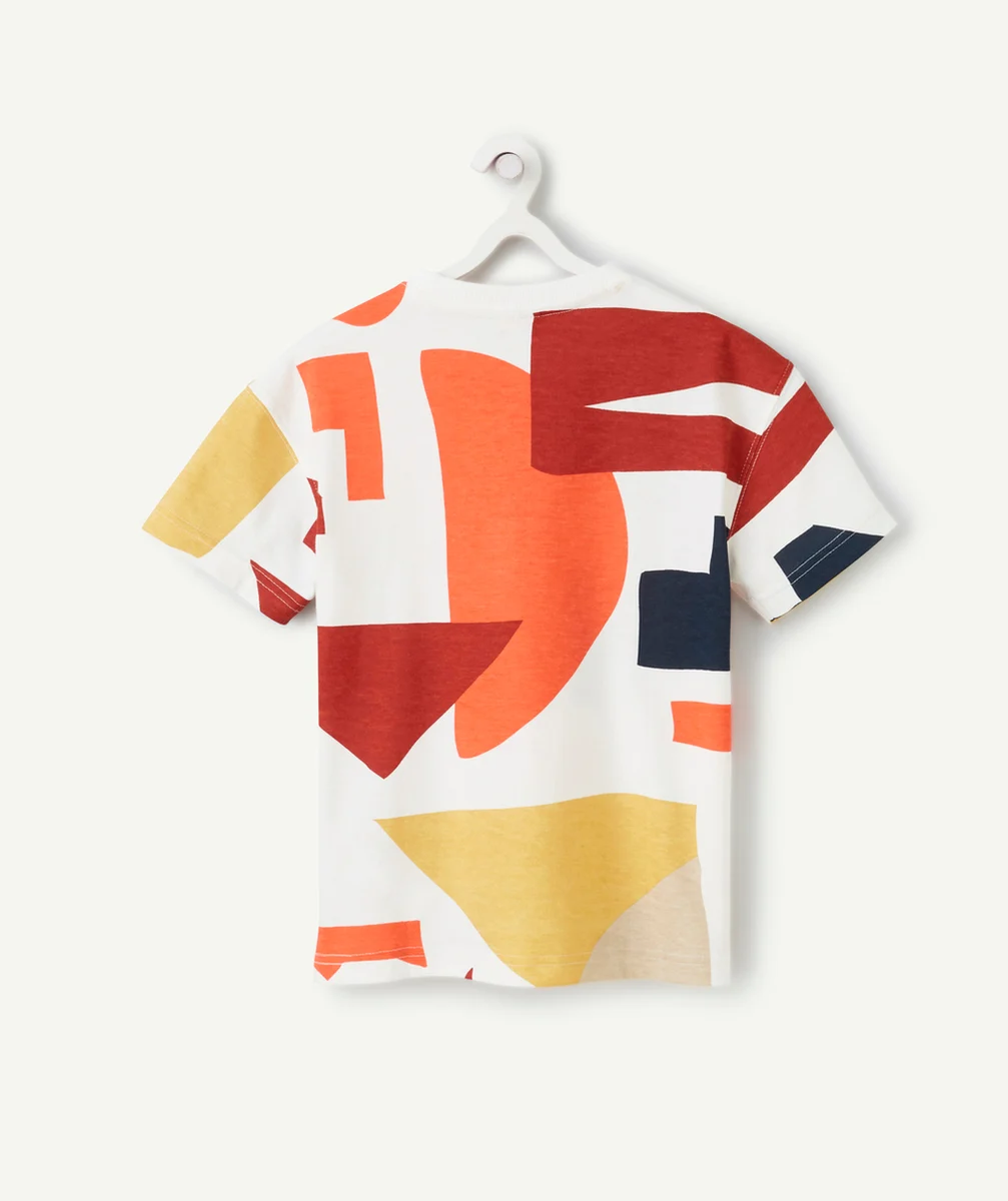 t-shirt garçon en coton bio blanc imprimé géométrique coloré