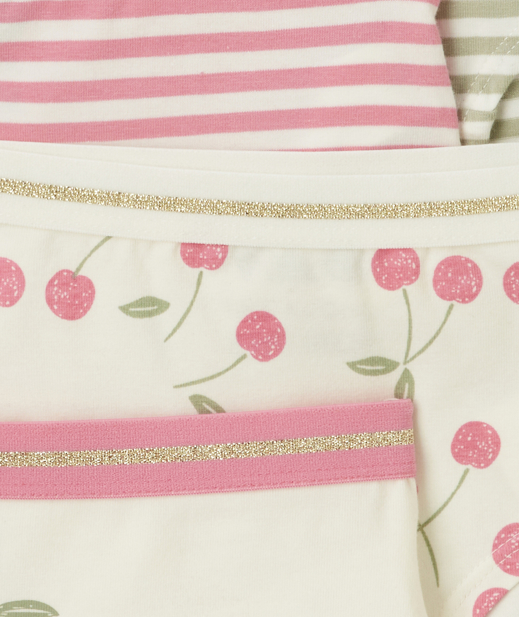 LOT DE 5 SHORTIES FILLE 100% COTON ÉCRU AVEC IMPRIMÉS ROSES ET VERTS