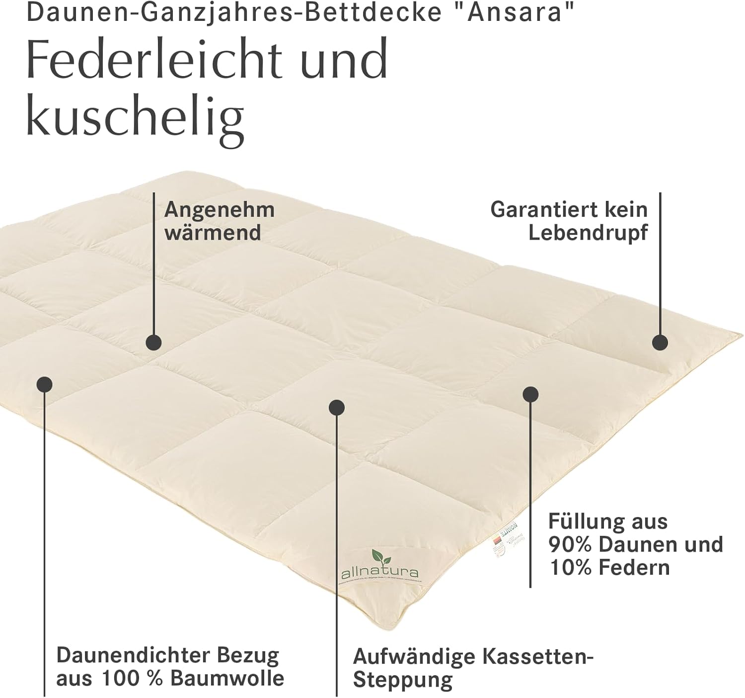 allnatura Daunen Bettdecke ANSARA 135x200 - warme federleichte Winter-Decke mit optimalen Isolationseigenschaften - 90% Daunen und 10% Federn Klasse 1 - Downpass - Made in Germany