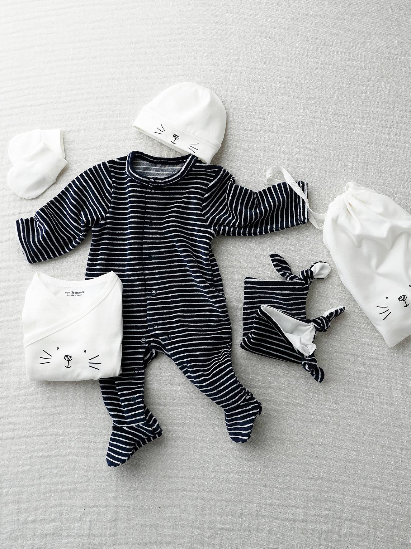 Conjunto para recém-nascido de 5 peças com bolsa e gatinho listrado em dois tons de azul escuro/multicolorido