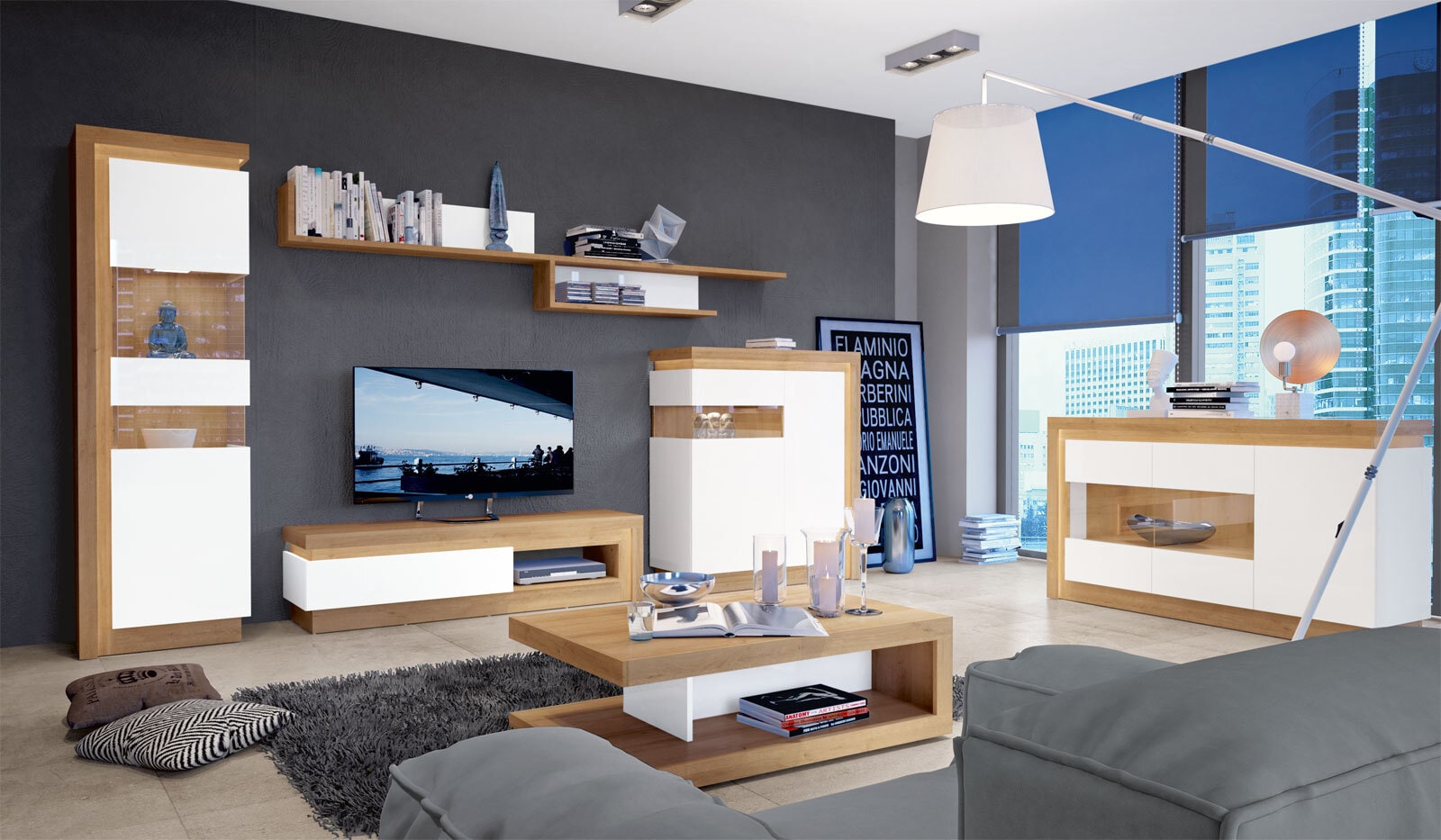 Sideboard Lyon Riviera Eiche-Optik Weiß Hochglanz
