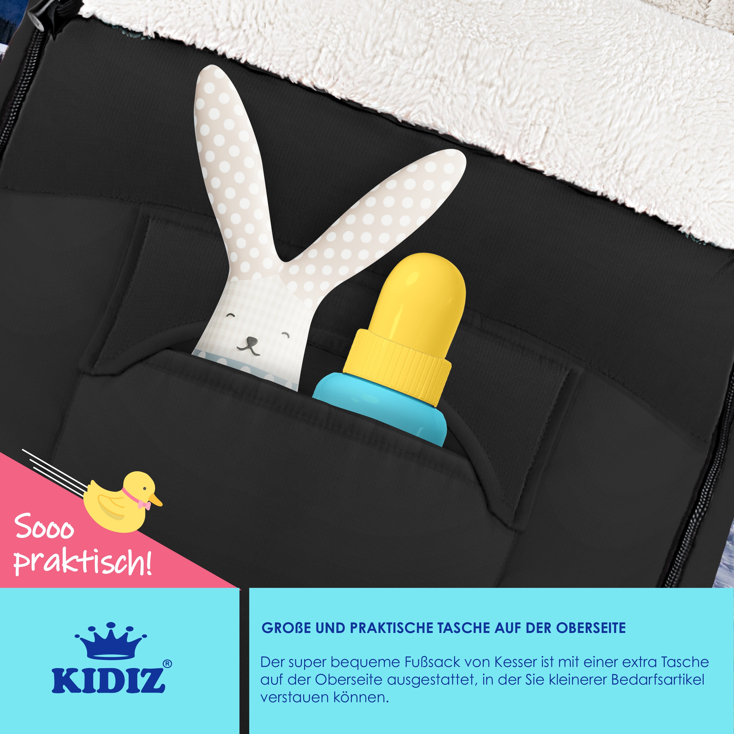 KIDIZ® Babyfußsack Baby Fußsack Winterfußsack Babyschale mit Reißverschluss Kuschelsack Babydecke Kinderwagen waschbar verschließbarer Kopfteil ,Tasche, passend für alle Kinderwagen