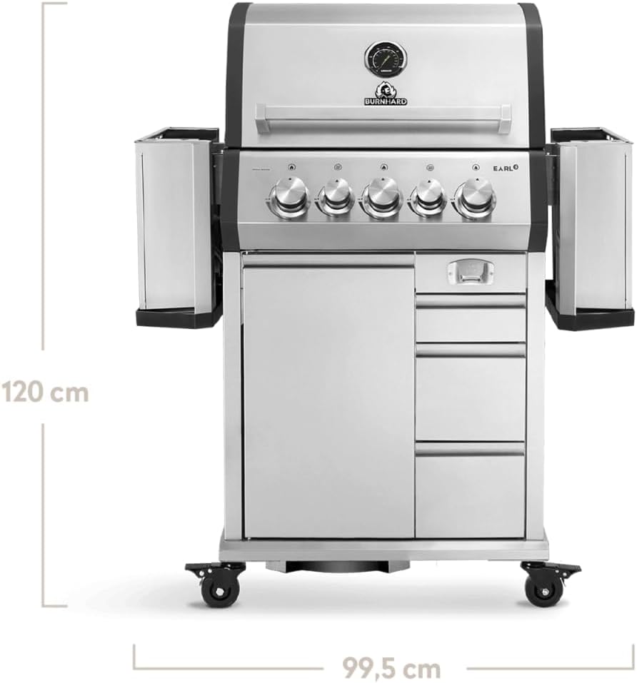 BURNHARD® 3-Brenner Gasgrill Edelstahl inkl. Heckbrenner, mit Gusseisen Grillrost & inkl. stabiler Abdeckhaube, Seitenkochfeld mit Infrarot Keramikbrenner - EARL
