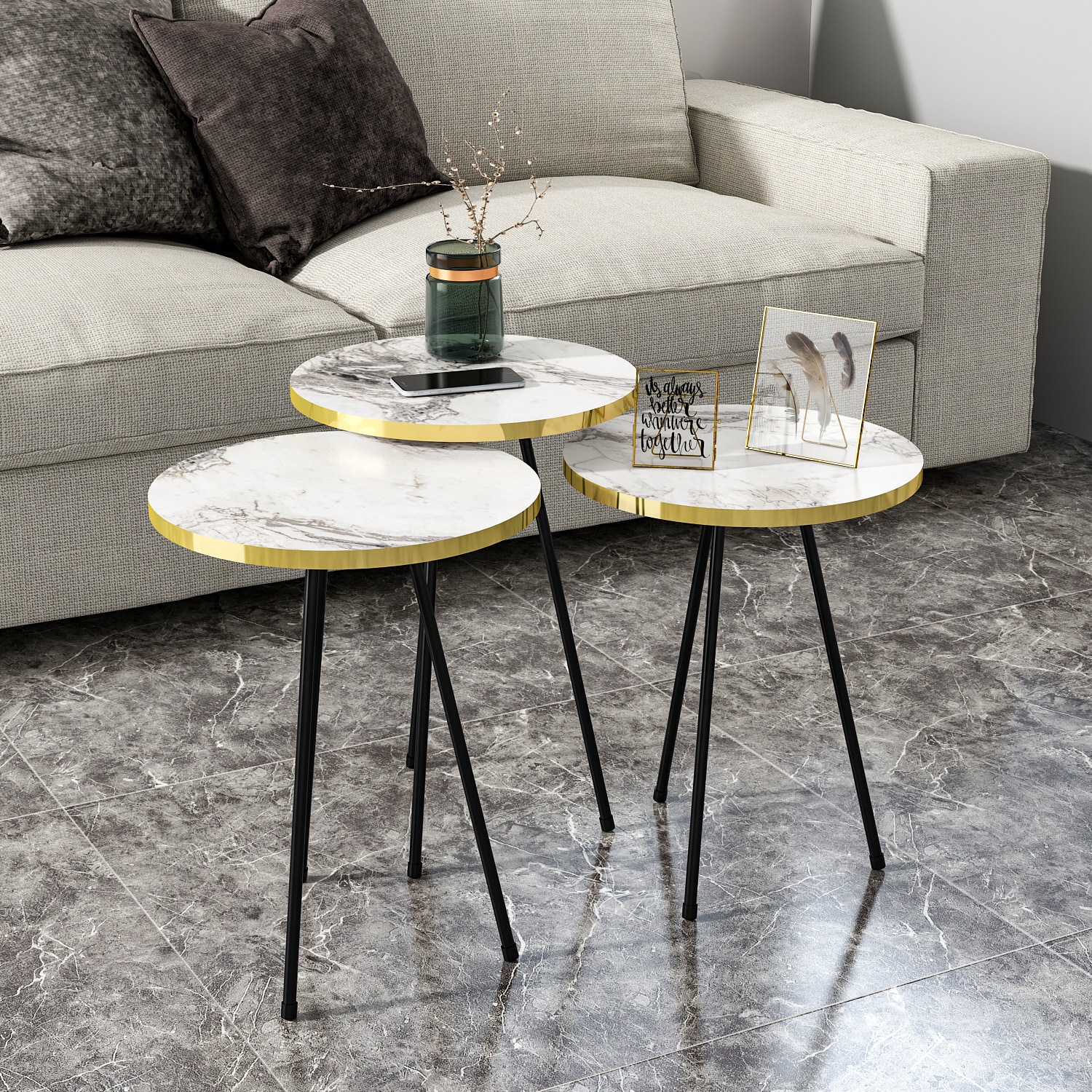 Beistelltisch 3er Set Marmoroptik Weiß 21786245