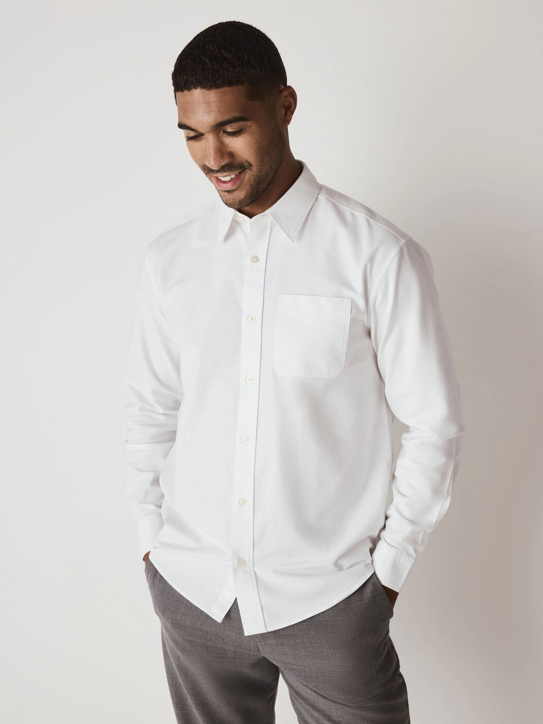 Wit - Normale Pasvorm - Oxford-hemd met lange mouwen