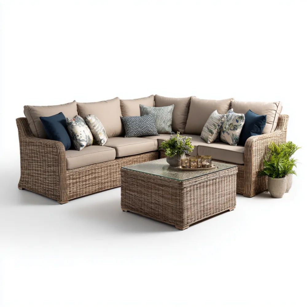 Garten-Sofaset Polyrattan 210x210x75 cm mit Tisch 90x90x40 cm – Beige