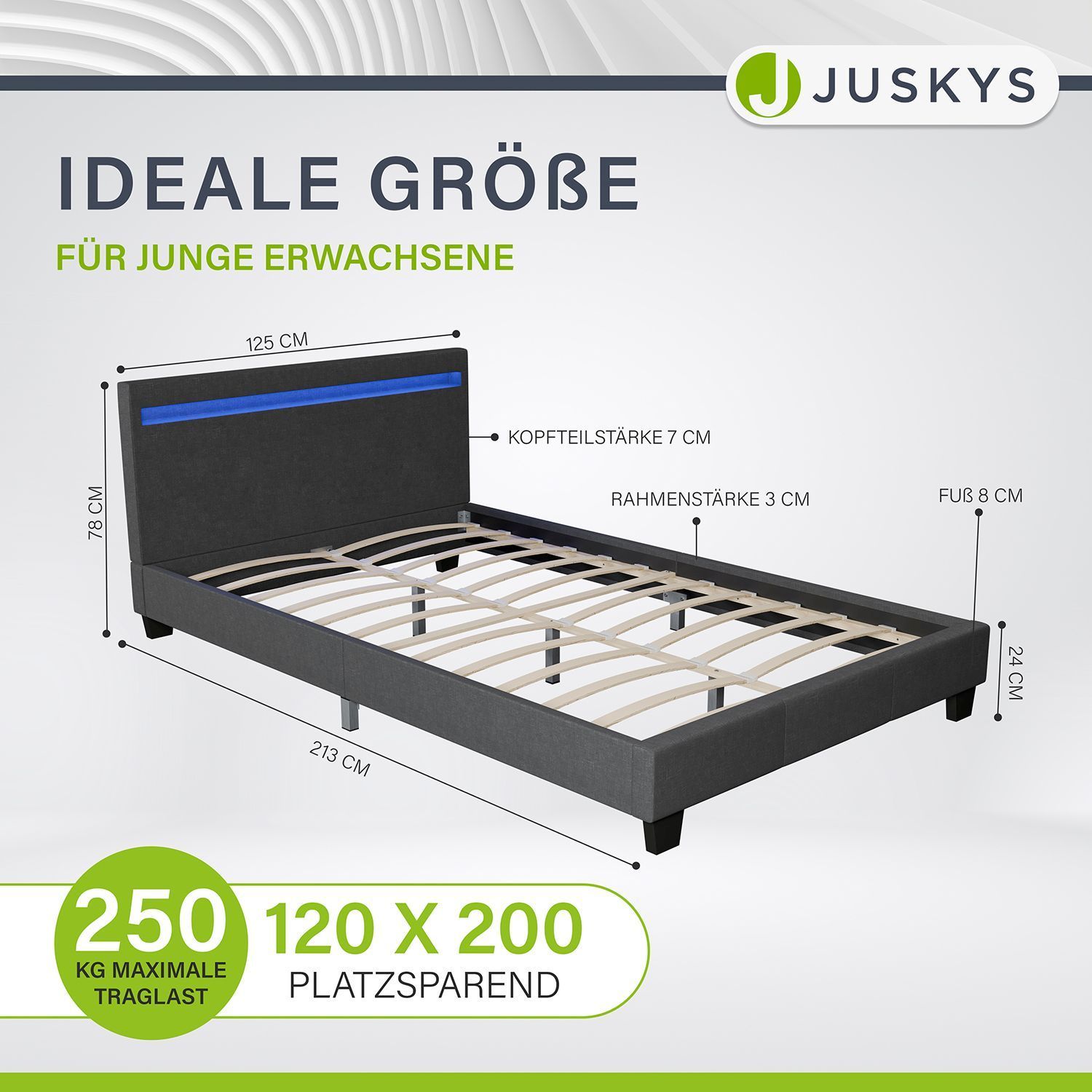 Juskys Polsterbett Verona grau | 120×200 cm | Bettgestell LED-Beleuchtung, Lattenrost & Matratze