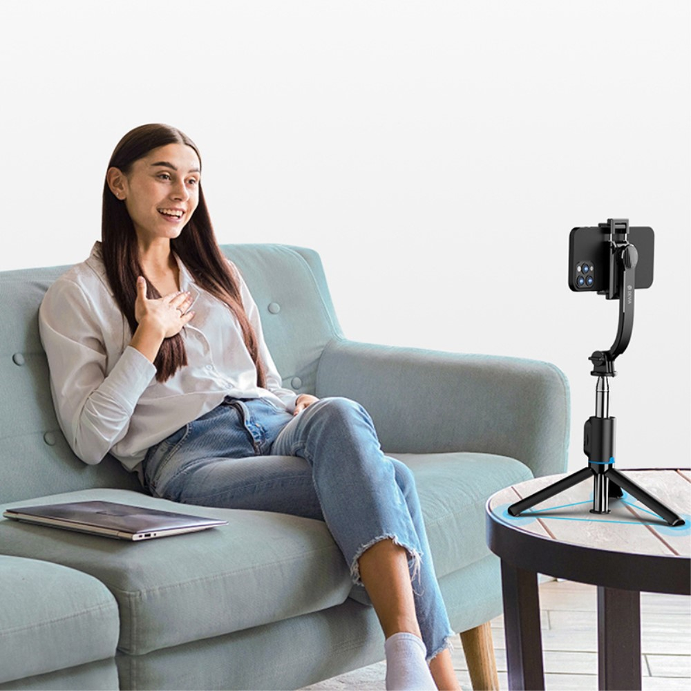 (20-106cm) 360° Verstellbarer Teleskop Ständer Tripod Stativ mit Smartphone Halterung   Fernauslöser - Schwarz