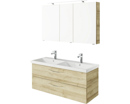 3-delige badkamermeubelset Pelipal serie 4035 BxHxD 120 x 200 x 45 cm, frontkleur eiken riviera, met keramische wastafel in wit en keramische dubbele wastafel, wastafelmeubel, spiegelkast met LED-verlichting, greep chroom hoogglans 40351200111470