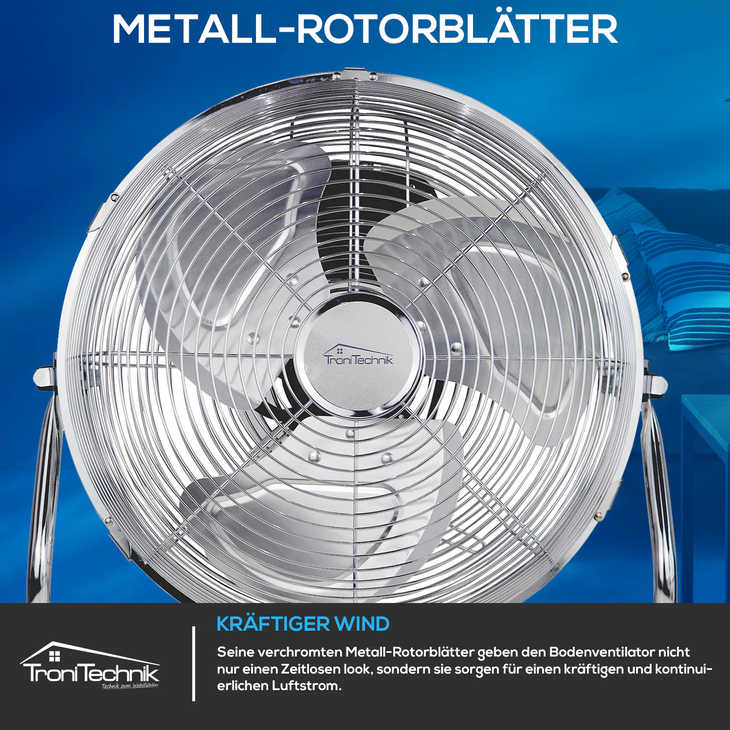 TroniTechnik® Bodenventilator Windmaschine mit drei Geschwindigkeitsstufen 70W, verstellbar ?35cm