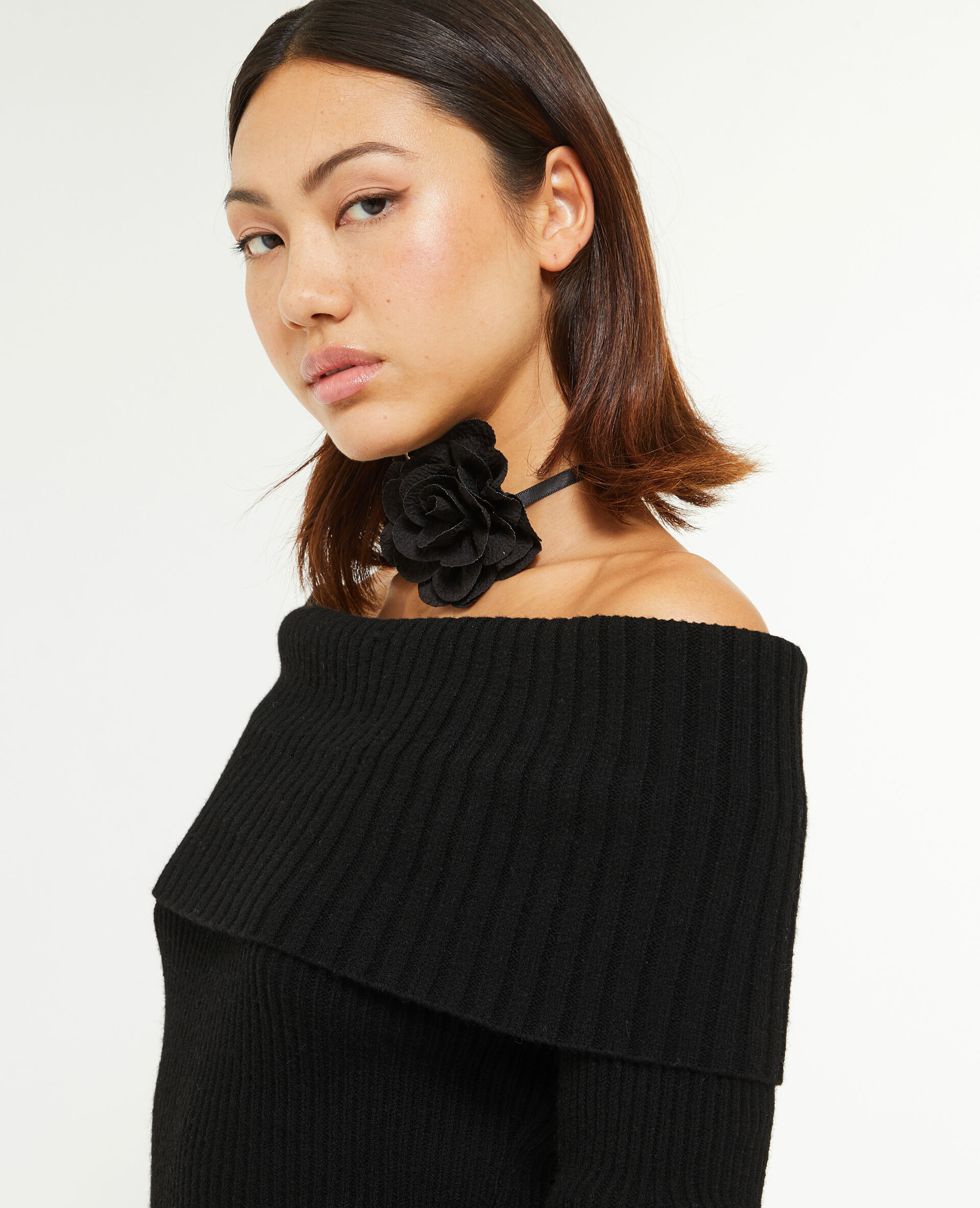 Pull encolure Bardot en maille côtelée - Noir