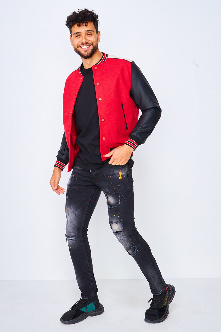 Bomber rouge/noir manches simili cuir