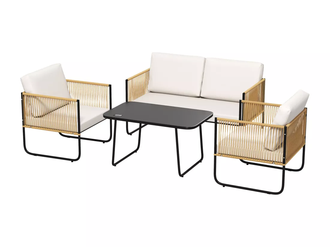 Salon de jardin 4 personnes 4 pièces style colonial acier noir résine filaire naturel
