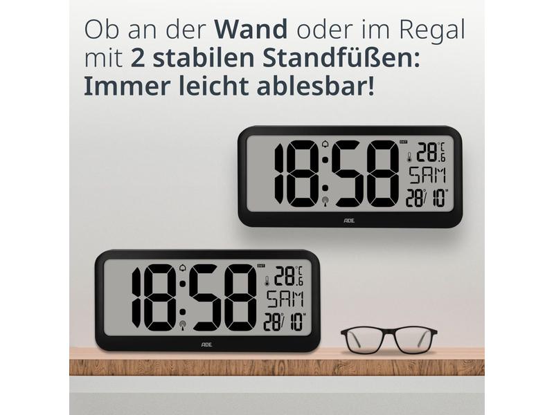 ADE Funkuhr XXL Wanduhr oder Regeluhr Schwarz Inklusive Wecker mit digitaler Anzeige