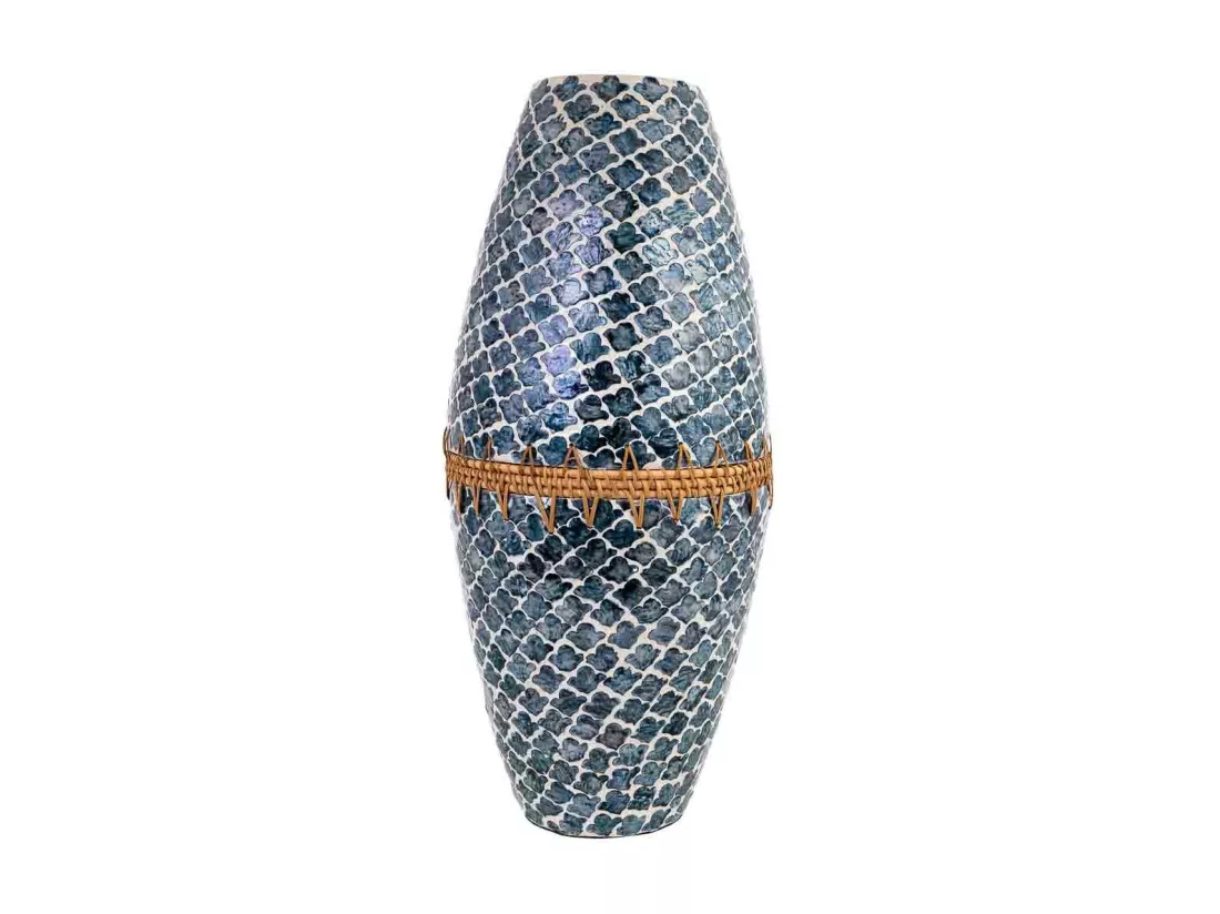 Vase en bois, capiz et rotin gris D25x59h cm