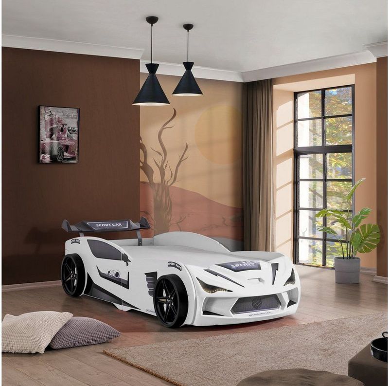Aileenstore - Autobed Rio - Kinderbed - Wit - 90x200 - Inclusief Lattenbodem en LED-verlichting