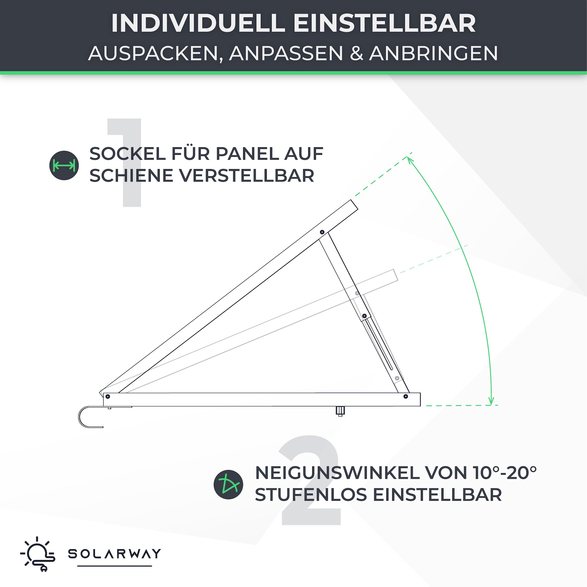Solarway Balkonkraftwerk Halterung Geländer, Fassade und Flachdach Befestigung für 2 Solarmodule Halterung | Set | Neigungswinkel 10-30°| BLACK