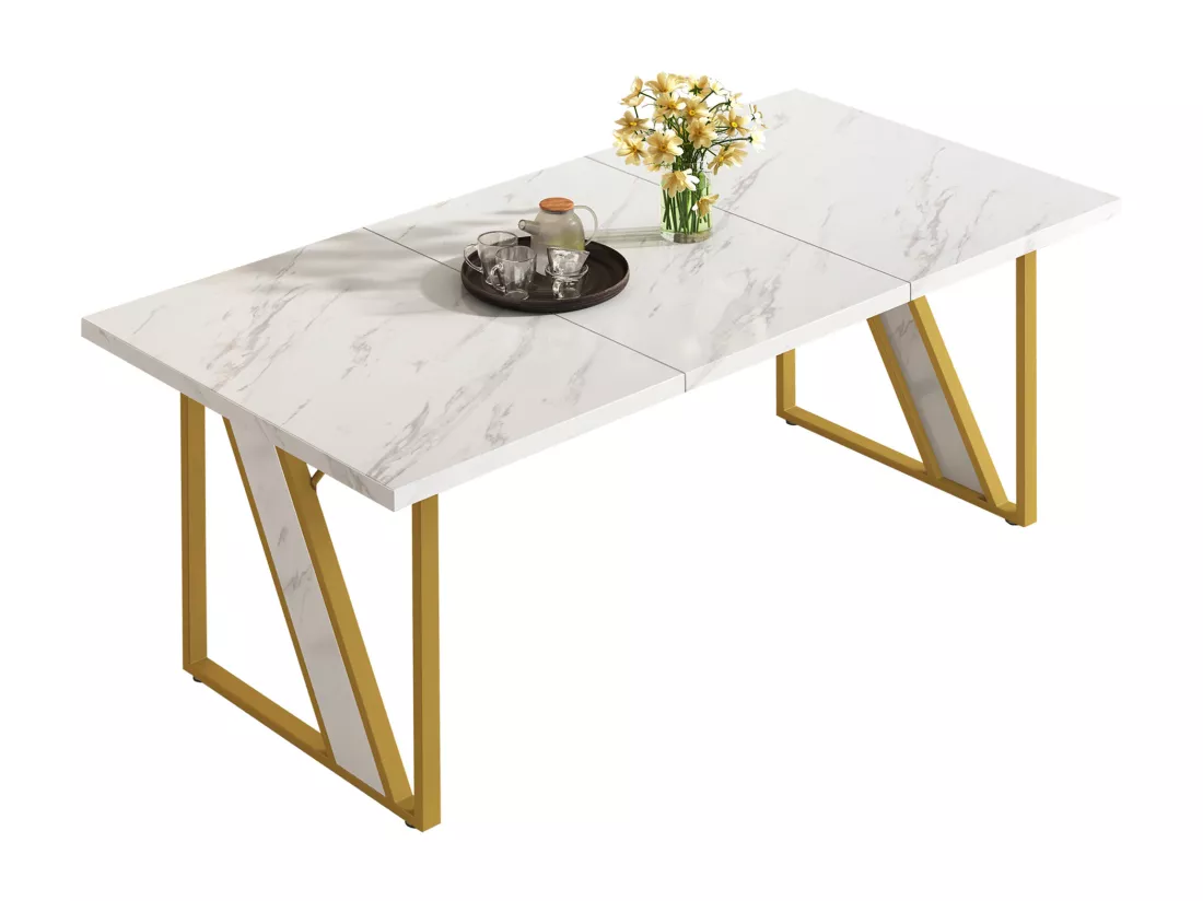 Table à manger rectangulaire 4 à 6 couverts - 160 x 80 x 75 cm - MDF et pièds en métal - Effet marbre - Blanc + or