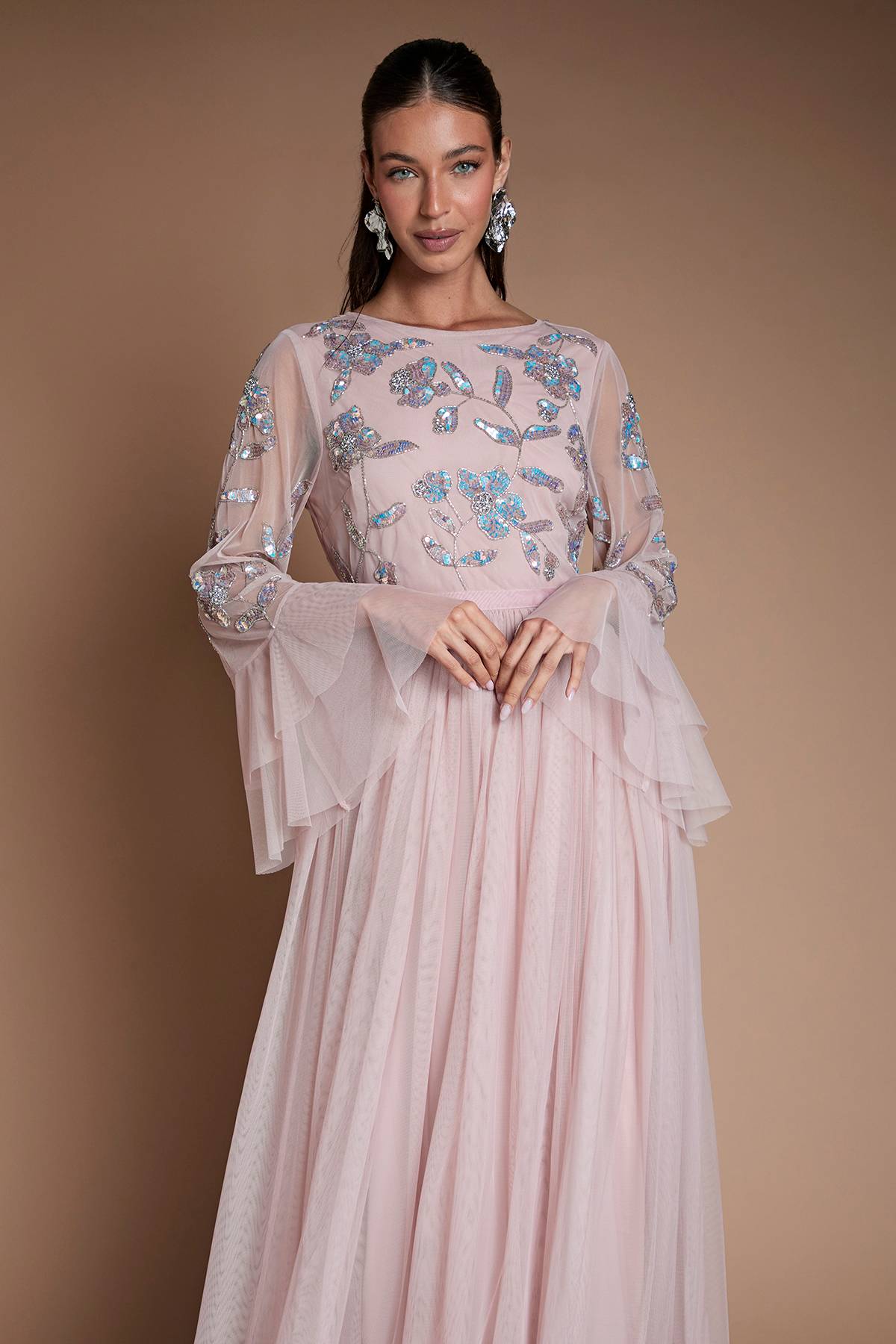 Coast Robe De Demoiselle D'honneur Longue En Tulle À Paillettes Avec Manches Longues Et Volants